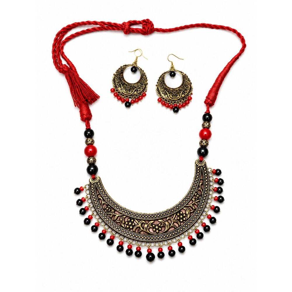Boho Statement Necklace & Earrings Set Red Black Gold Tone Adjustable Cord